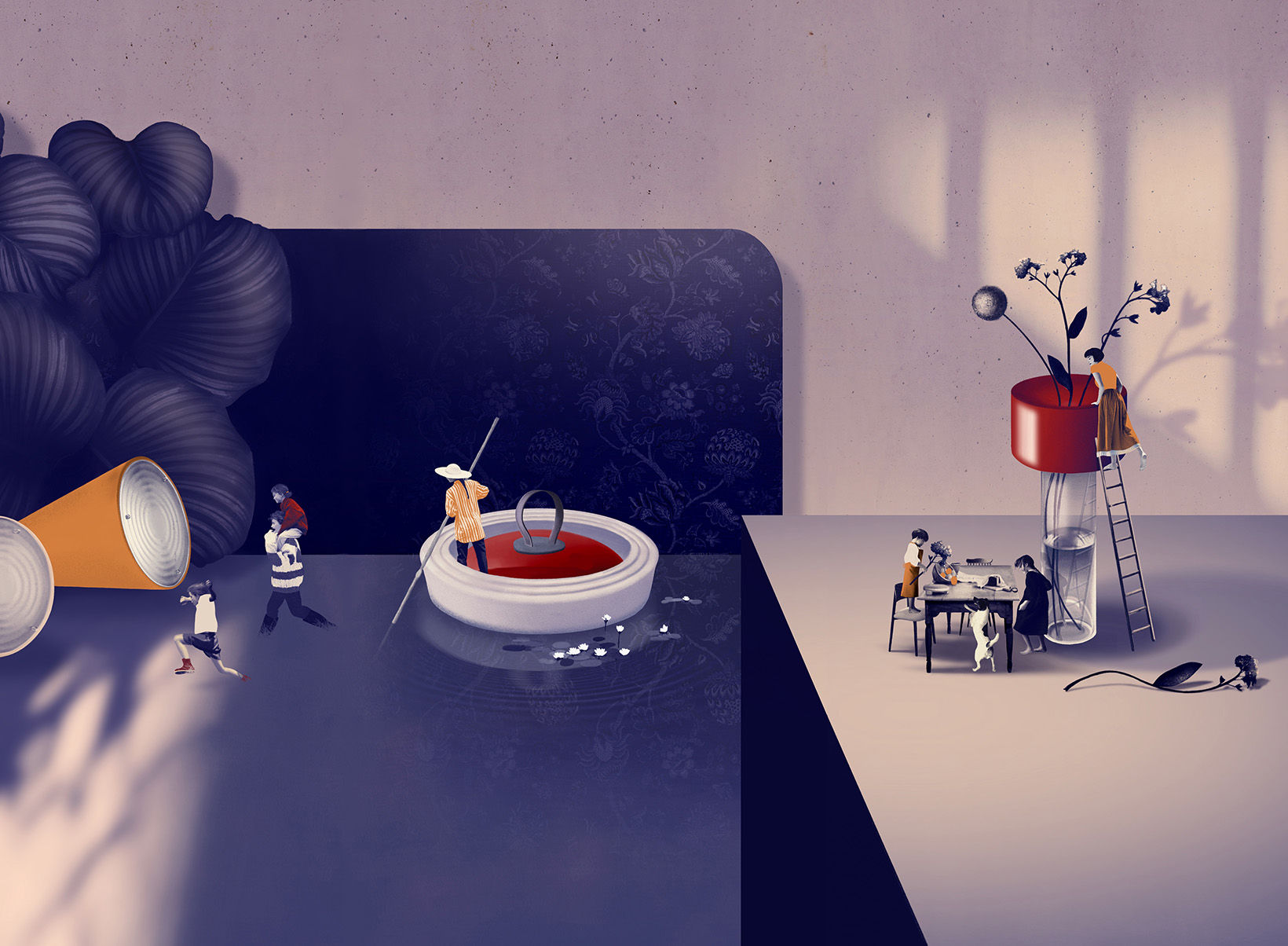 Lampade che creano micro-mondi surreali nei collage di Francesca Gastone